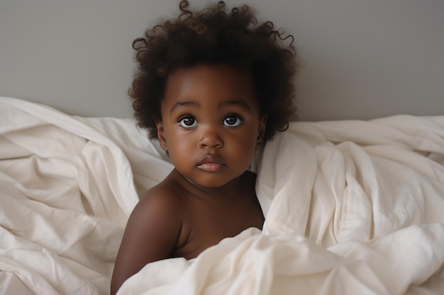 Portrait of a cute little african american baby looking at camera while lying in bed at home