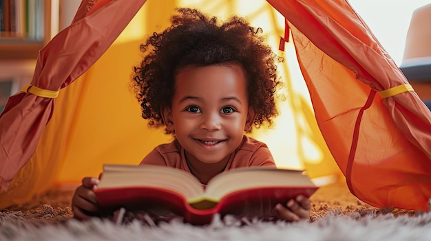 집에 있는 놀이 텐트에서 책을 읽는 동안 카메라를 향해 웃고 있는 책을 들고 있는 귀여운 아프리카 계 미국인 곱슬머리 소년의 초상화 행복한 아이가 어린이 방에서 혼자 놀고 있습니다