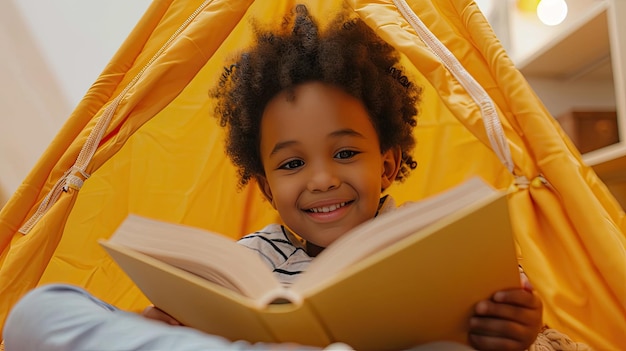 Portrait of cute little african american kid curly boy with book smiling at camera while reading book in play tent at home happy child playing alone in children room