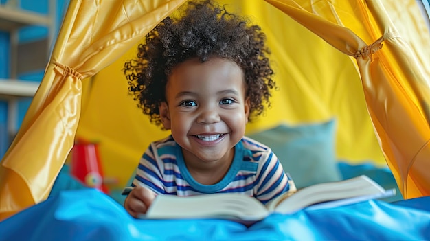 집에 있는 놀이 텐트에서 책을 읽는 동안 카메라를 향해 웃고 있는 책을 들고 있는 귀여운 아프리카 계 미국인 곱슬머리 소년의 초상화 행복한 아이가 어린이 방에서 혼자 놀고 있습니다