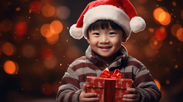 Портрет милого маленького азиатского мальчика с подарочной коробкой