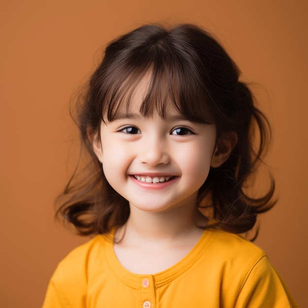 Портрет милой маленькой азиатской девочки на оранжевом фоне