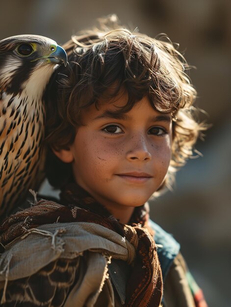 Portrait of a cute little boy and a falcon Generative AI