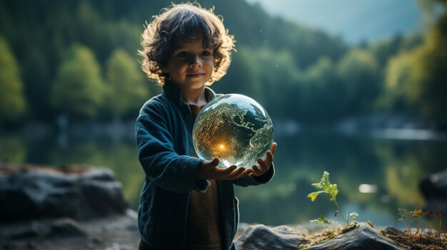 portrait of a cute little boy in the forest with a glass of milk