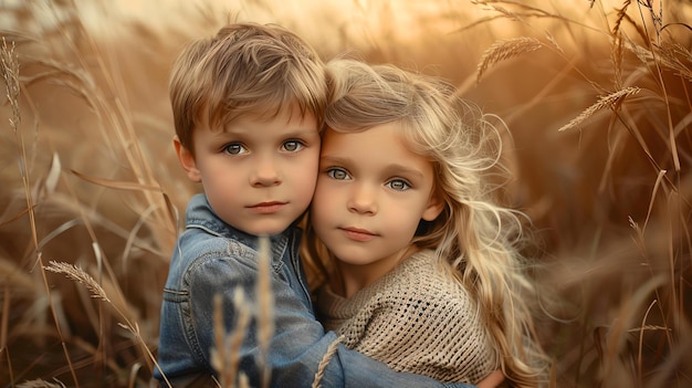 Portrait of a cute little boy and girl with blond hair and green eyes standing in a wheat field