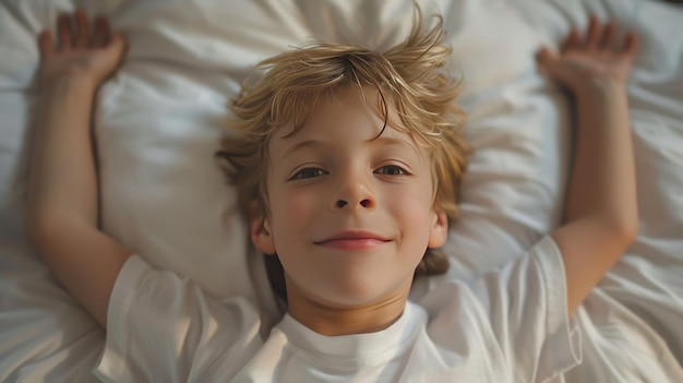 Portrait of a cute little boy lying on a bed and smiling