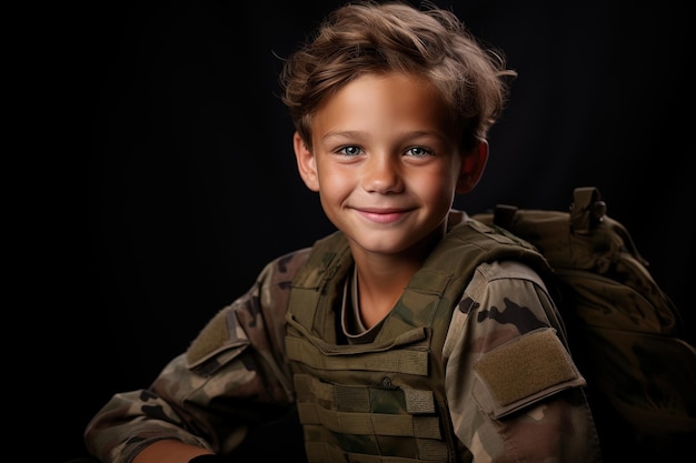 暗い背景の軍服を着た可愛い小さな男の子の肖像画