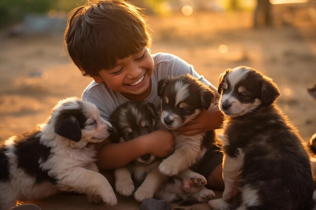 夕暮れに子犬と遊んでいる可愛い小さな男の子の肖像画