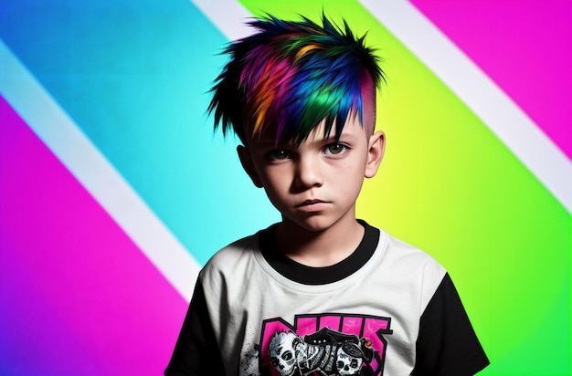 Portrait of a cute little boy punk with colorful hair on her arm Generative AI