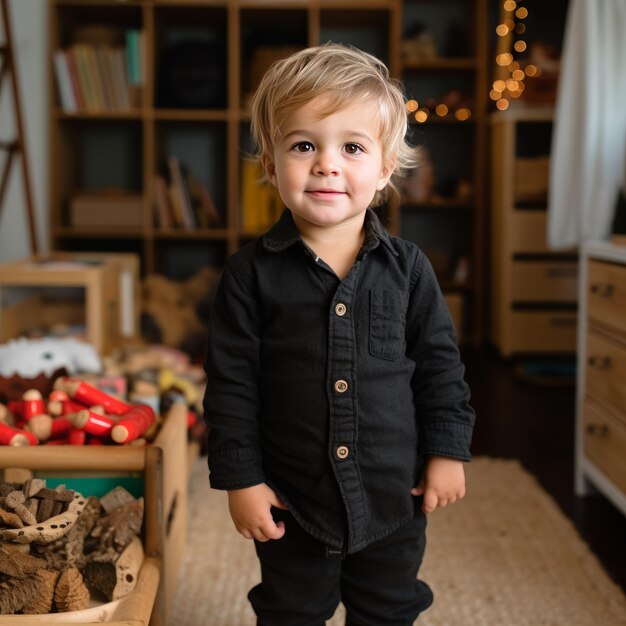 Photo portrait of a cute little boy in a room with toys