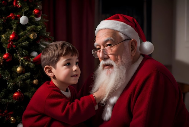 Photo portrait of a cute little boy and santa claus at homegenerated with ai