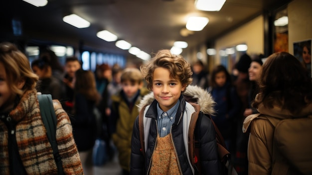 Portrait of a cute little boy in school corridor looking at camera Generative AI