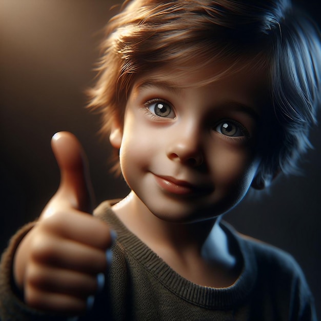 어두운 배경 위에 엄지손가락을 보여주는 귀여운 작은 소년의 초상화