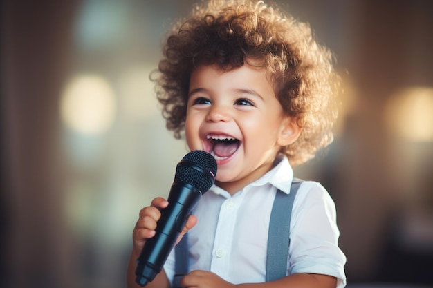 Foto ritratto di un ragazzino carino che canta con il microfono nella stanza