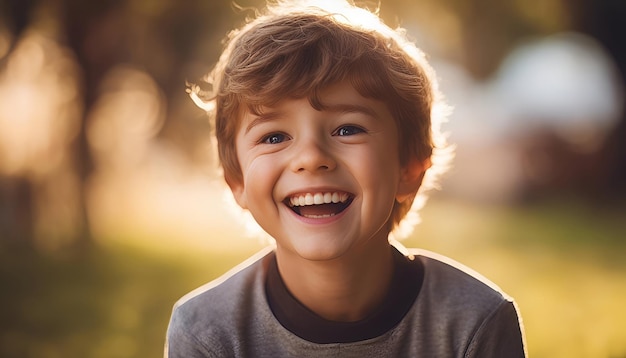 Foto ritratto di un bambino carino che sorride nel parco al tramonto