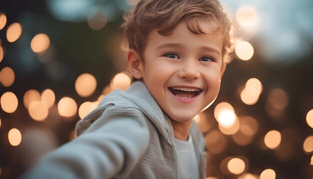 Portrait of a cute little boy smiling and taking a selfie