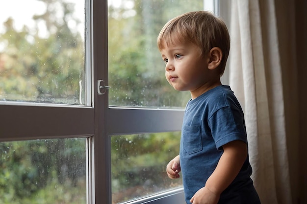 Portrait of a cute little boy standing near the window and looking out the window