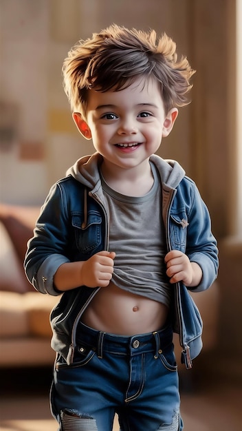 The portrait of cute little boy in stylish jeans clothes