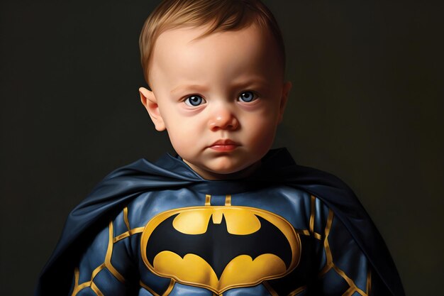 Portrait of a cute little boy in superhero costume on dark background