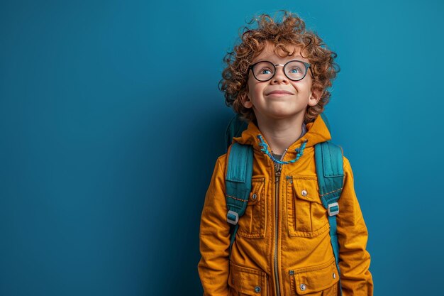 Portrait of a cute little boy wear backpack with curly hair and glasses on a blue background