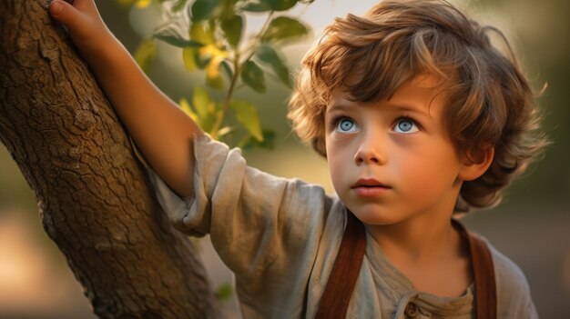 Portrait of a cute little boy with blue eyes in the park