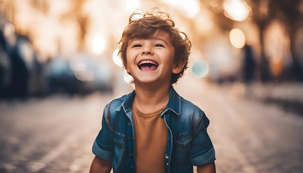 Portrait of a cute little boy with curly hair laughing on the street
