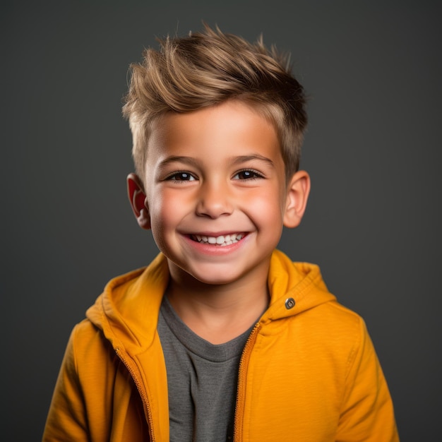 portrait of a cute little boy in a yellow jacket on a gray background