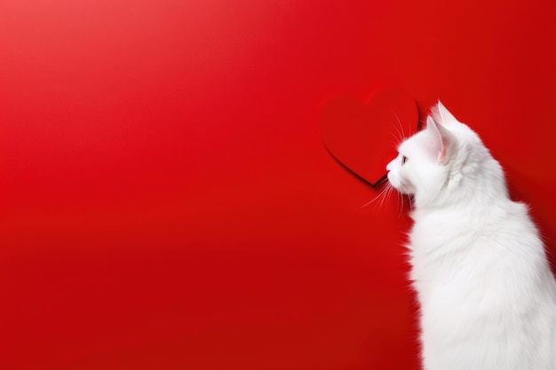 Portrait of a cute little domestic cat on a red background with love heart