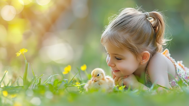 Portrait of a cute little girl adoring a little chick of hen in her garden with a big blurry backdrop and a big space for text or product Generative AI