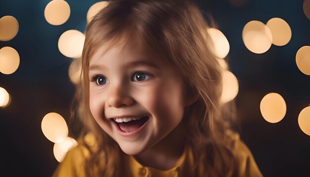 Portrait of a cute little girl on a background of bokeh lights