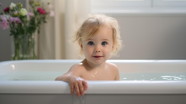 Portrait of cute little girl bathes in bathtub at home