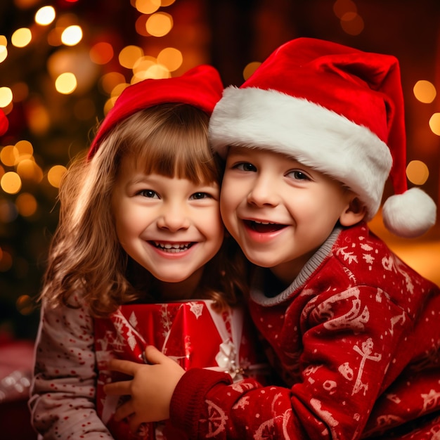 Portrait of a cute little girl and boy in Santa hats with Christmas gifts