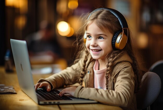Portrait of cute little girl in headphones using laptop while sitting in cafe