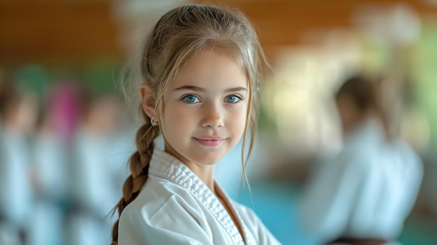 Portrait of a cute little girl in karate class with a big copy space Generative AI