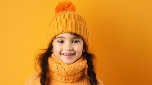 Portrait of a cute little girl in a knitted hat on a color background