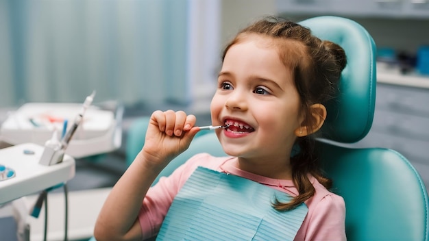 Portrait of a cute little girl looking at her teeth after doing teeth surgery in a pediatric stomat