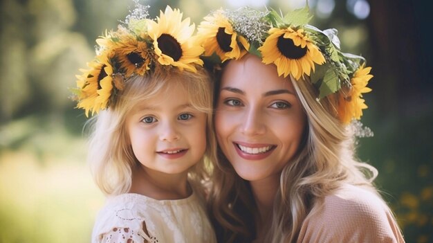 Portrait of Cute Little Girl and Mom Wearing Flower Crown Smiling and Celebrate Mother's Day