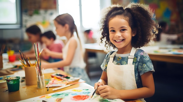 Portrait of cute little girl painting with watercolor in art studio