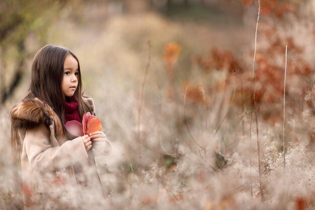 Portrait of cute little girl playing with autumn fallen leaves