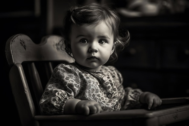 부엌에 있는 의자에 앉아 있는 귀여운 소녀의 초상화
