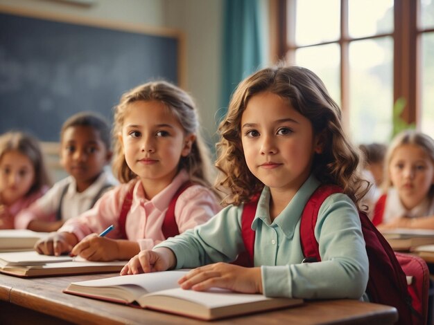 教室の机に座っている可愛い小さな女の子の肖像画