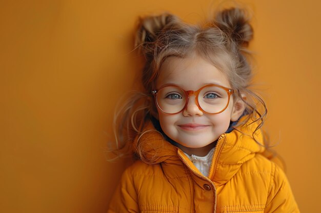 Portrait of a cute little girl in sunglasses on a yellow background