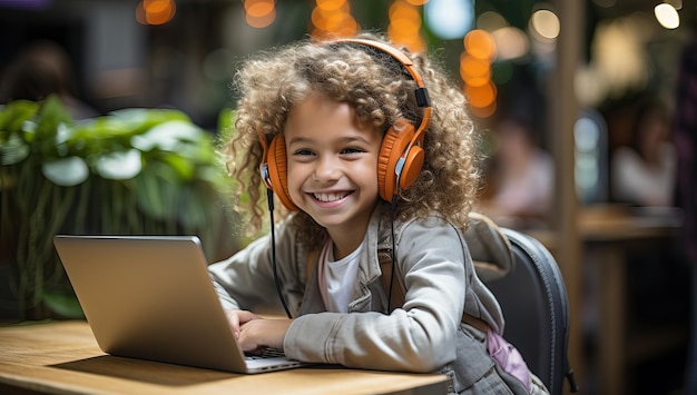 Portrait of cute little girl using laptop in cafe and listening to music