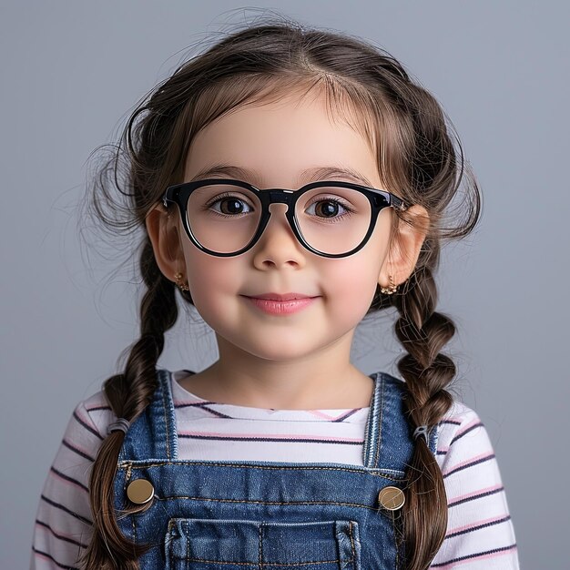 Portrait of a cute little girl wearing eyeglasses on grey background