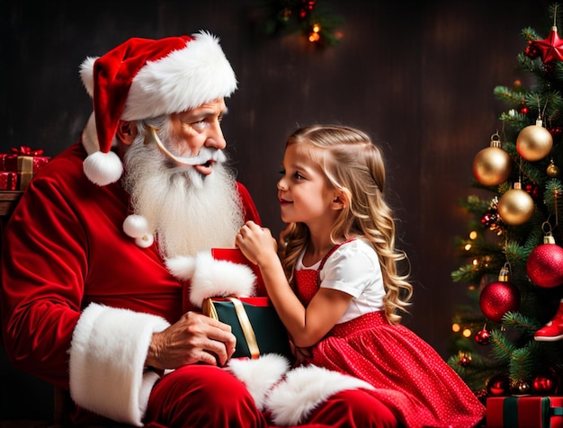 Portrait of cute little girl whispering secret to Santa Claus at home