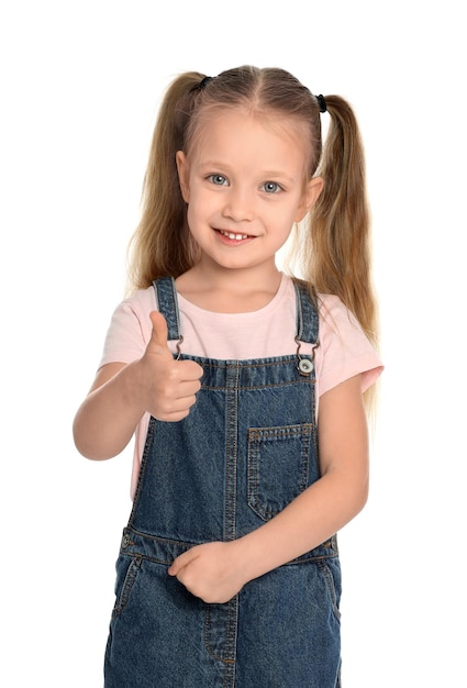 Portrait of cute little girl on white background