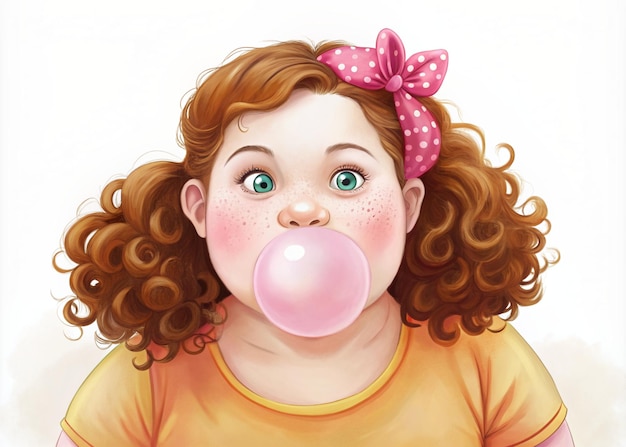 입 에 버블 <unk> 을 넣은 귀여운 어린 소녀 의 초상화