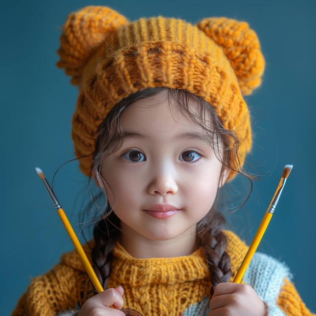 Portrait of a cute little girl with colorful pencils in her hands