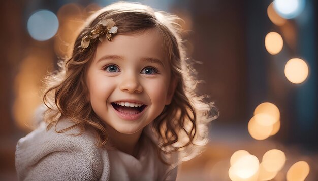 Portrait of a cute little girl with curly hair on the background of Christmas lights