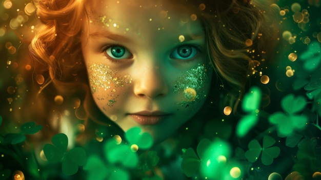 Portrait of a cute little girl with curly red hair wearing a green leprechaun hat StPatrick s Day